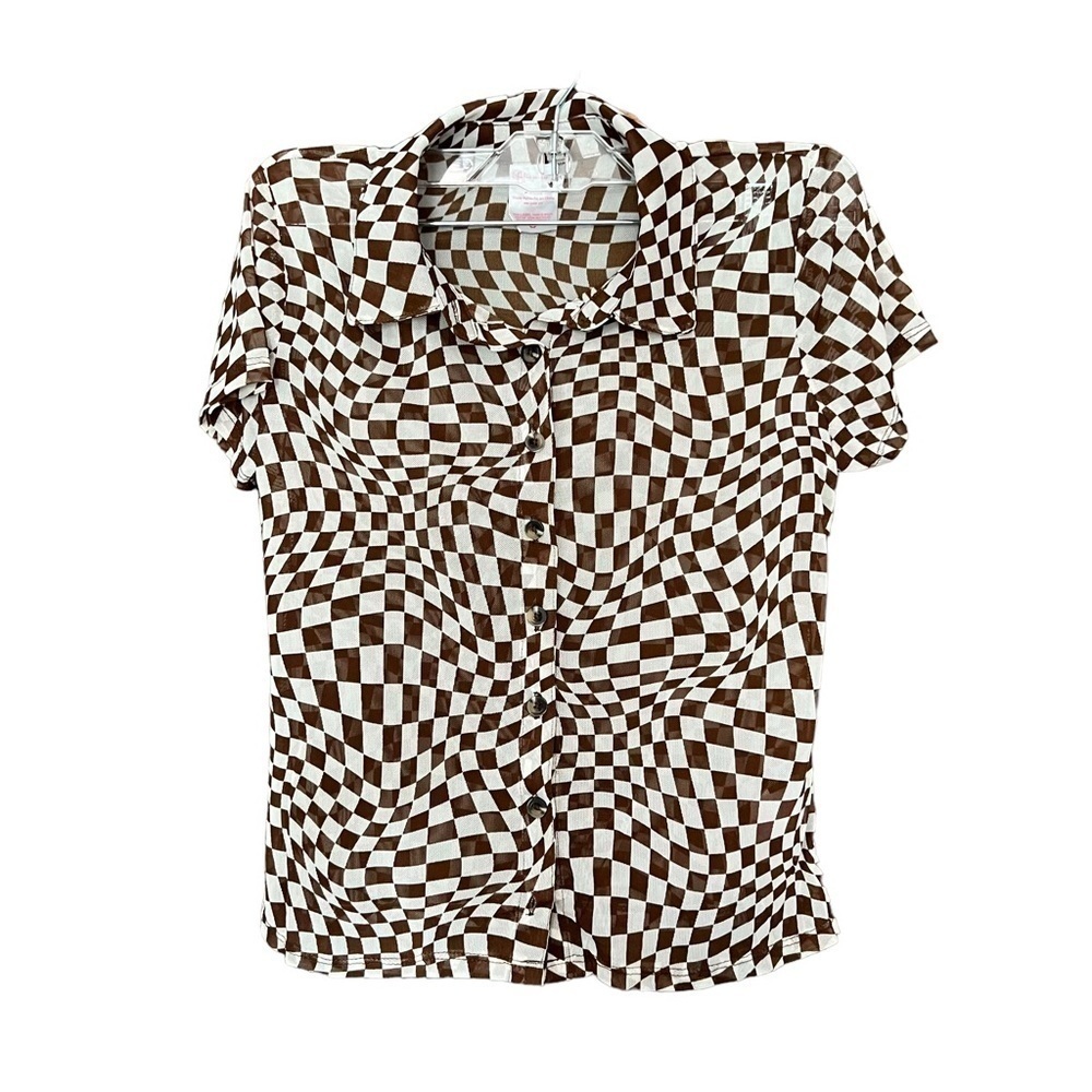 No Boundaries Juniors Brown & White Sheer and Light Checkered Button Down.